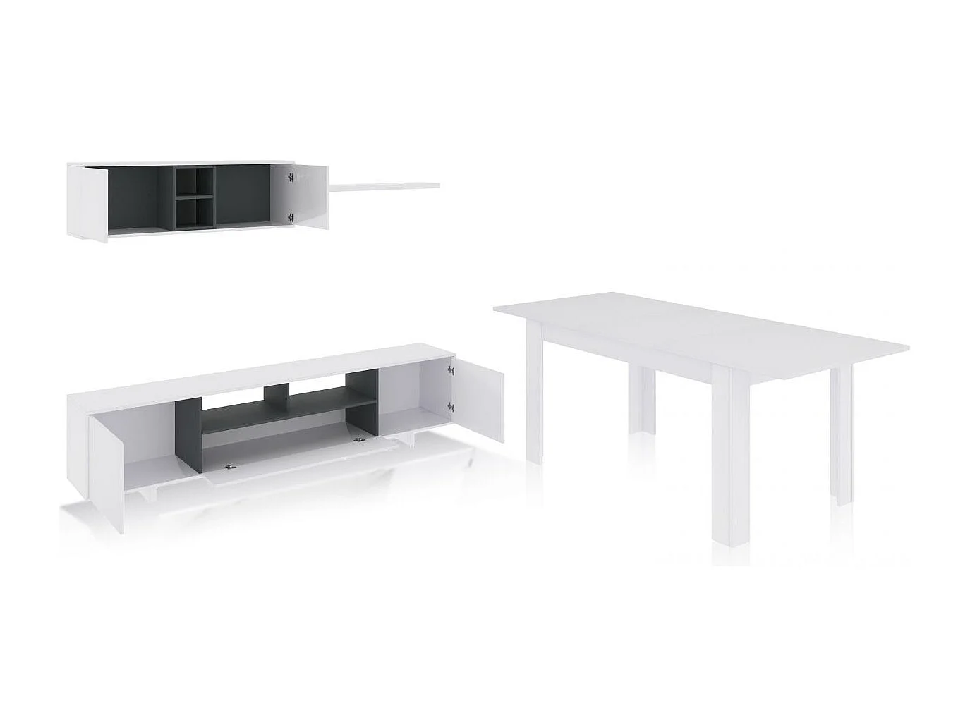 Pack salón con mesa de comedor Kenzo Plus VB Blanco Brillo - Gris Antracita