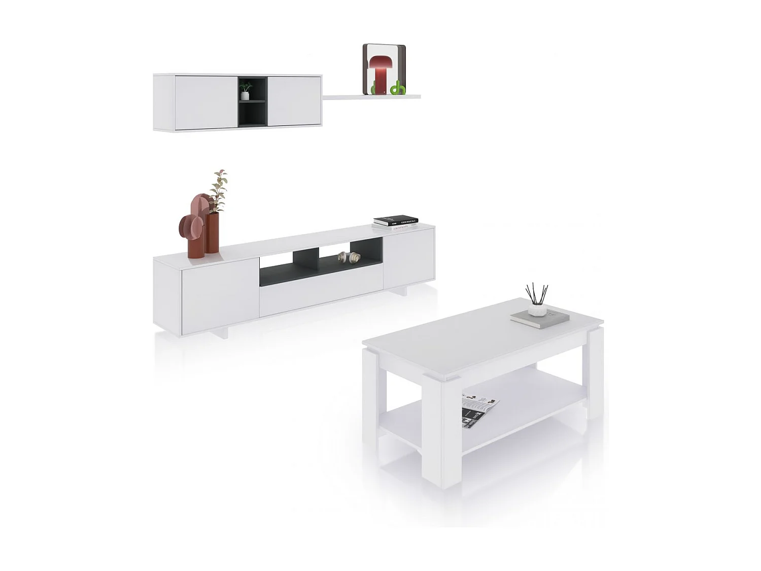 Pack salón con mesa de centro Kenzo Plus V1 Blanco Brillo - Gris Antracita