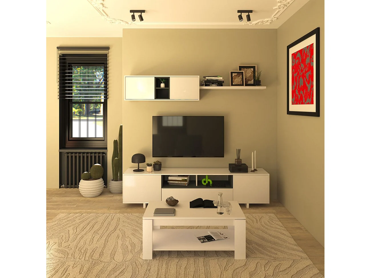 Pack salón con mesa de centro Kenzo Plus V1 Blanco Brillo - Gris Antracita