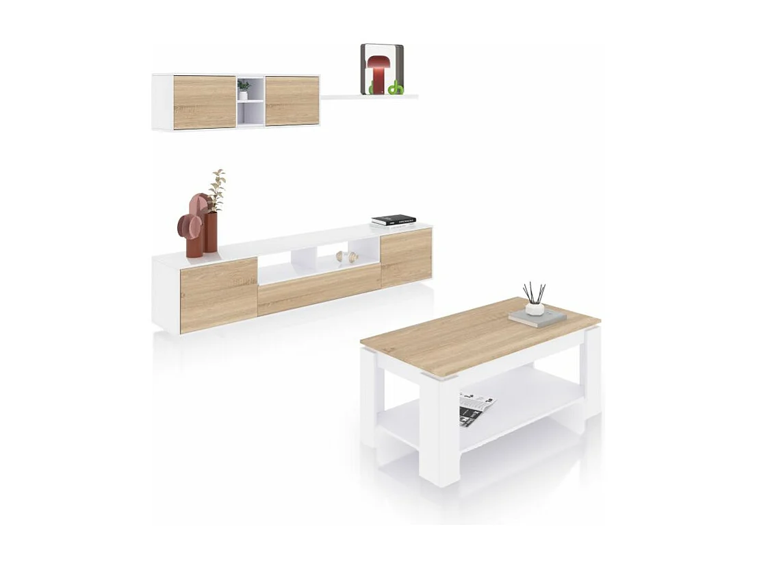 Pack salón con mesa de centro Kenzo Plus V1 Blanco Artik (Blanco Mate) - Roble Canadian