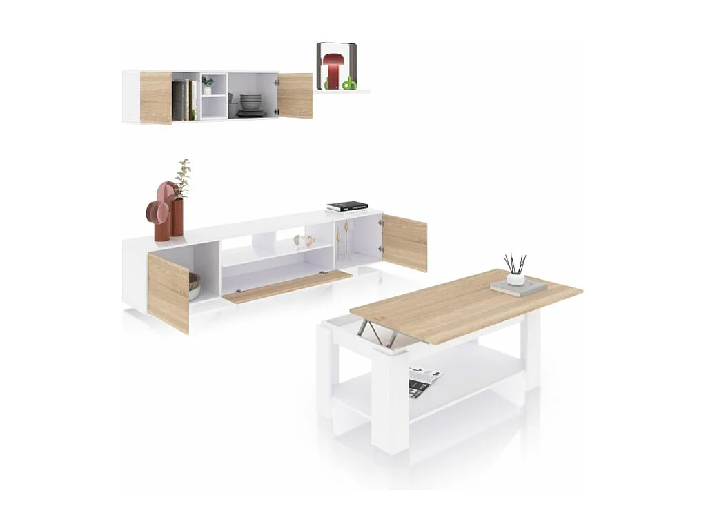 Pack salón con mesa de centro Kenzo Plus V1 Blanco Artik (Blanco Mate) - Roble Canadian