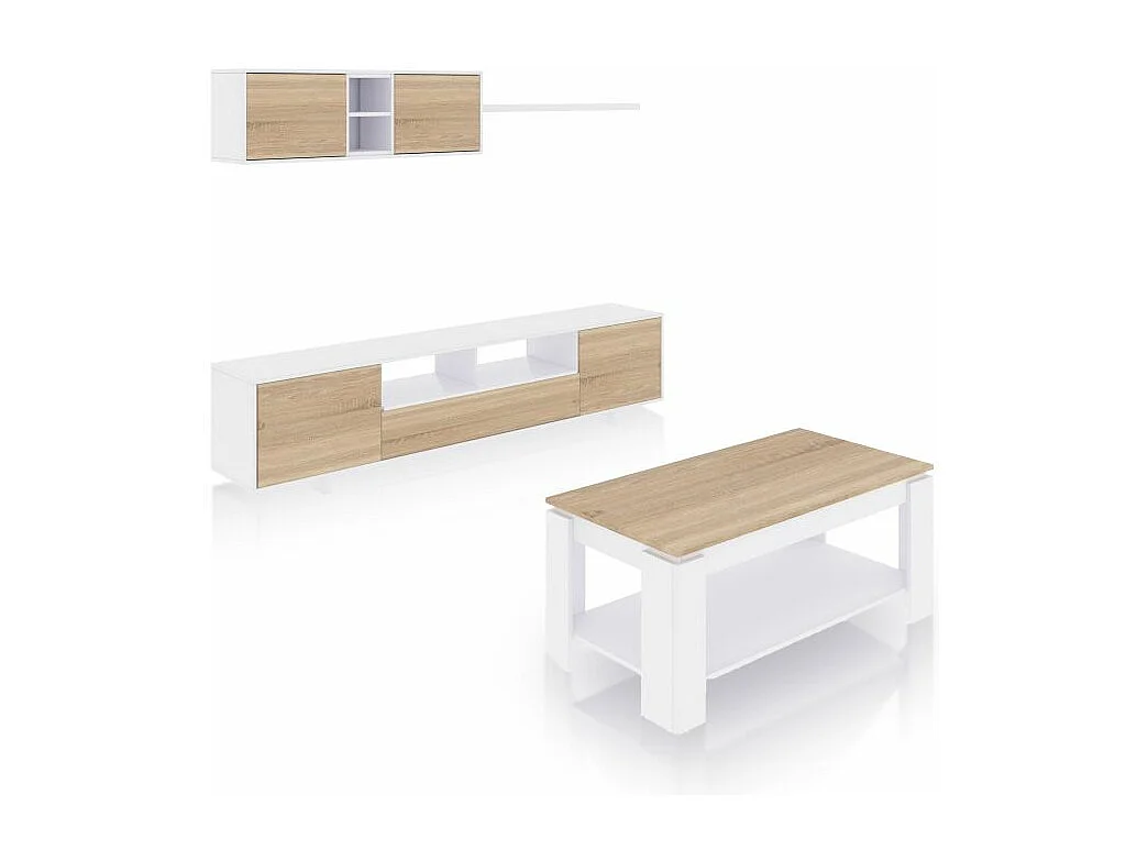 Pack salón con mesa de centro Kenzo Plus V1 Blanco Artik (Blanco Mate) - Roble Canadian