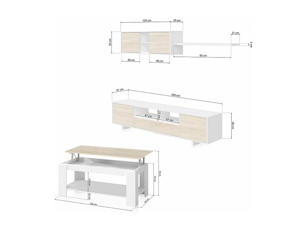 Pack salón con mesa de centro Kenzo Plus V1 Blanco Artik (Blanco Mate) - Roble Canadian