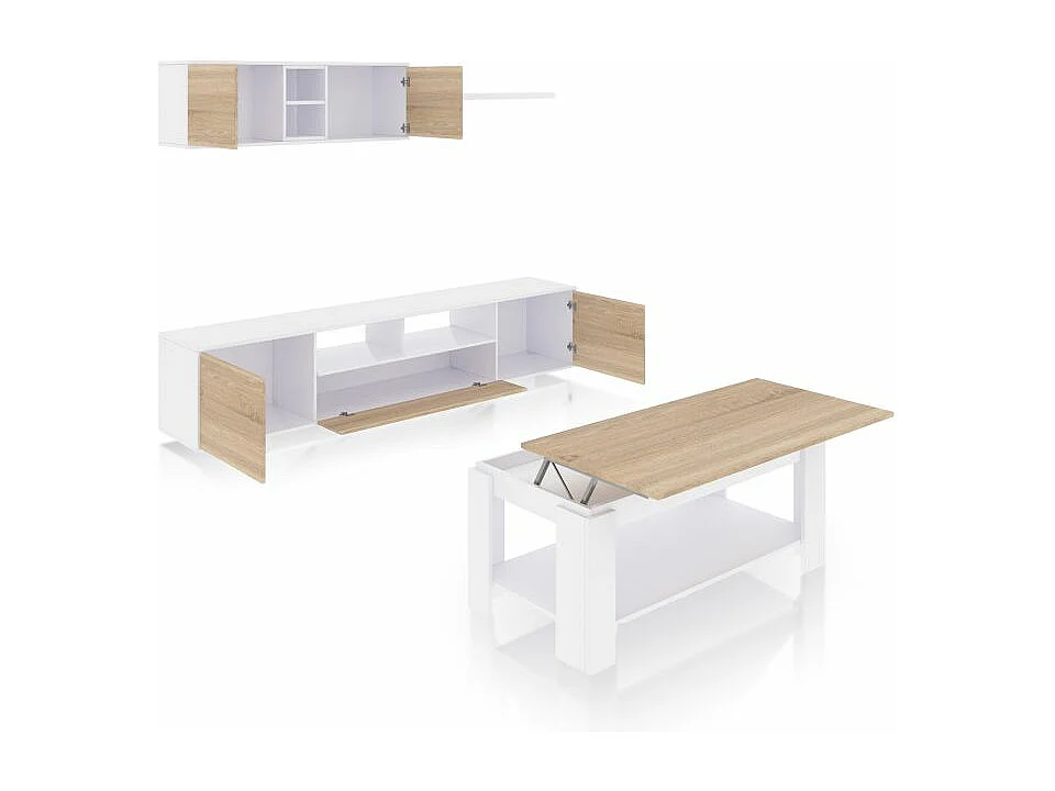 Pack salón con mesa de centro Kenzo Plus V1 Blanco Artik (Blanco Mate) - Roble Canadian