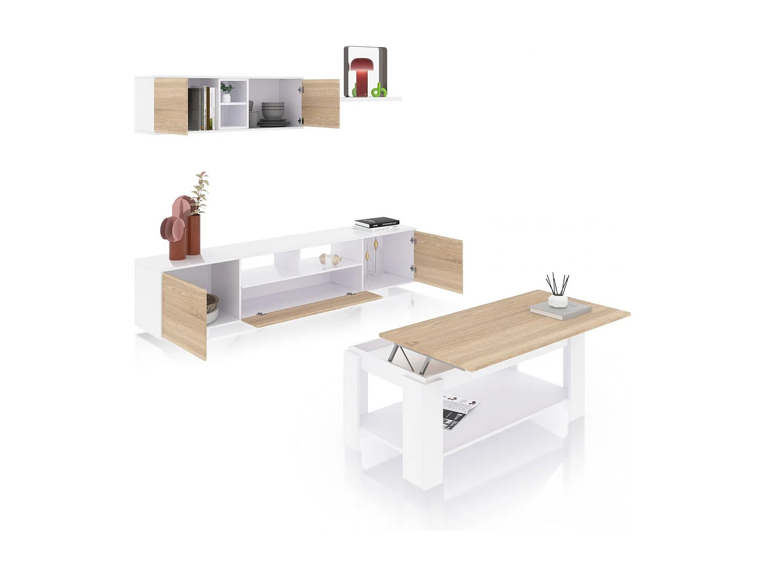 Pack salón con mesa de centro Kenzo Plus V1 Blanco Artik (Blanco Mate) - Roble Canadian