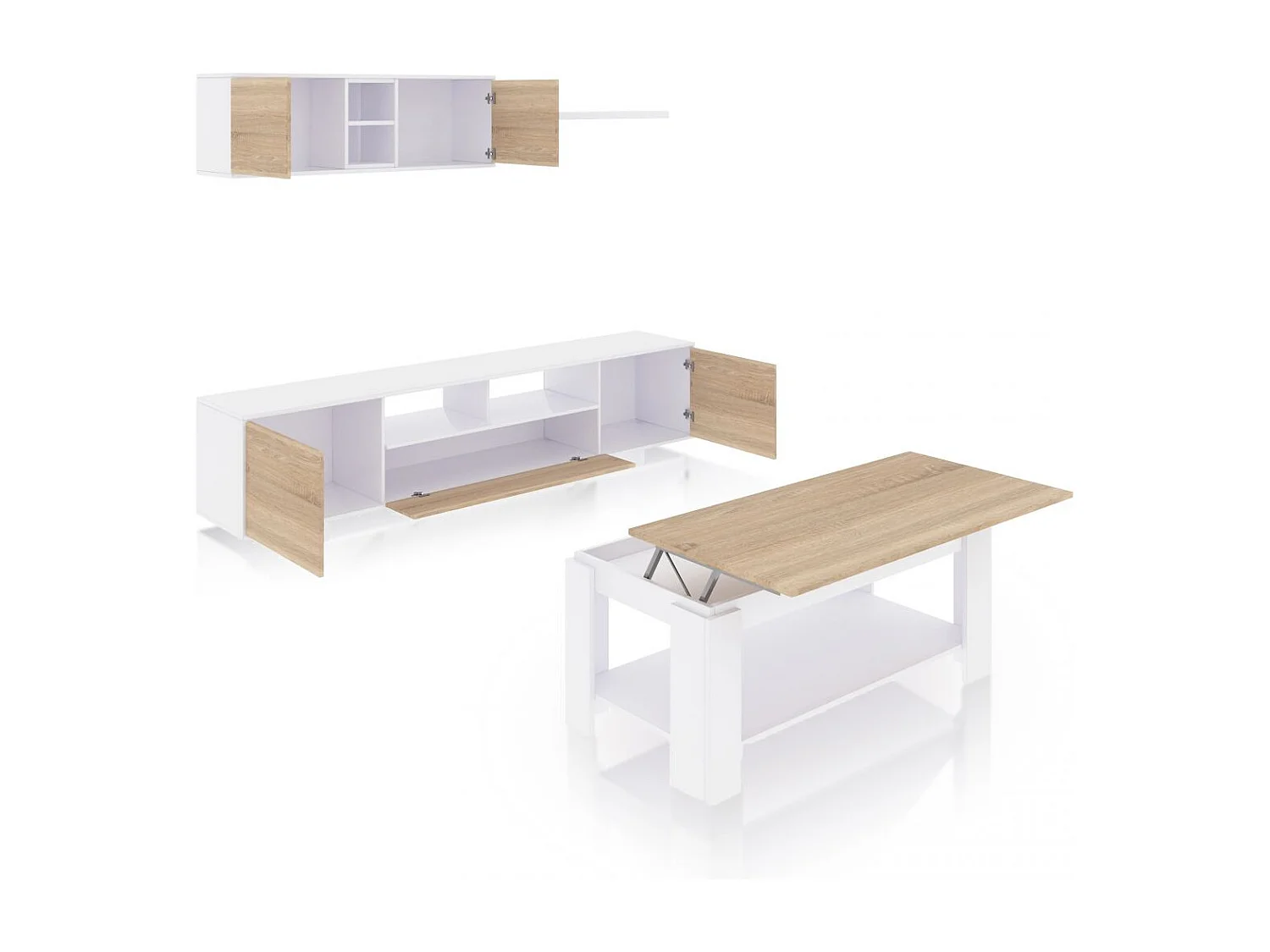 Pack salón con mesa de centro Kenzo Plus V1 Blanco Artik (Blanco Mate) - Roble Canadian