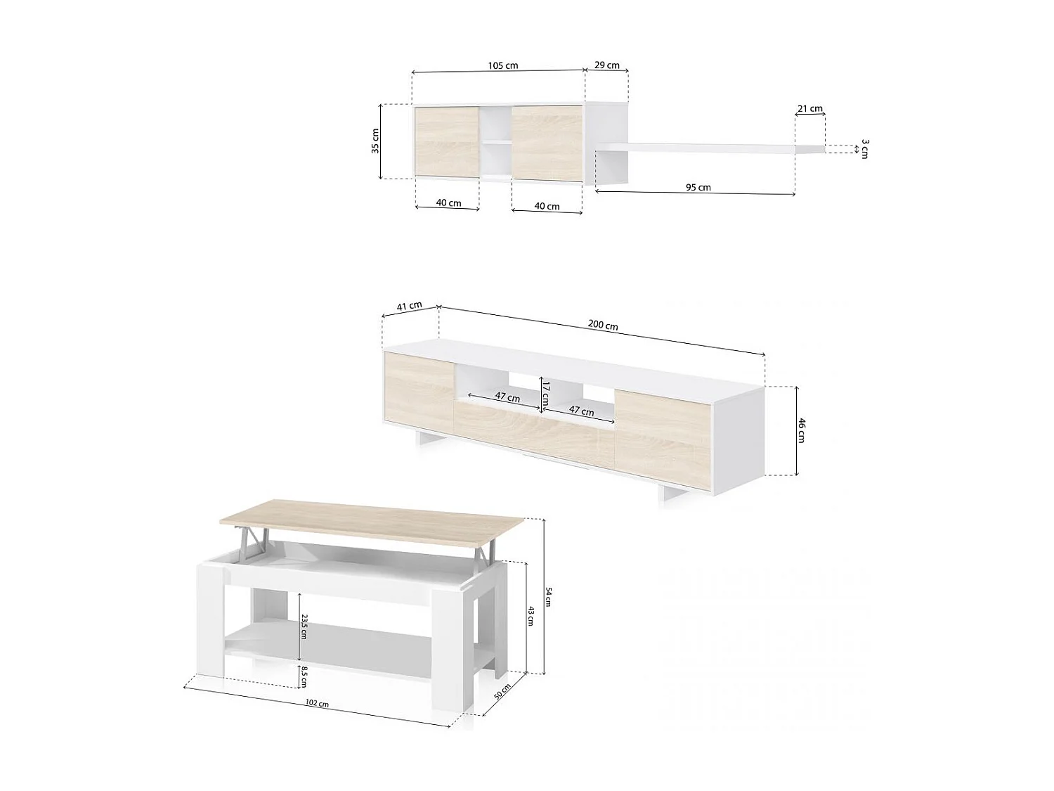 Pack salón con mesa de centro Kenzo Plus V1 Blanco Artik (Blanco Mate) - Roble Canadian