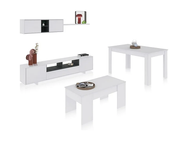 Pack salón con mesa de centro y mesa de comedor Kenzo Max V2B Blanco Brillo - Gris Antracita