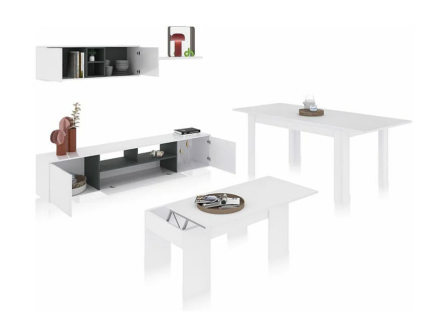 Pack salón con mesa de centro y mesa de comedor Kenzo Max V2B Blanco Brillo - Gris Antracita