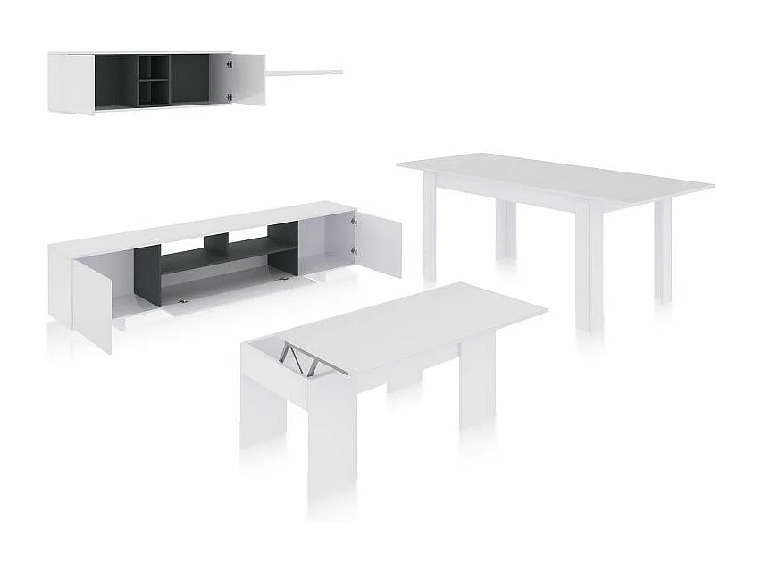 Pack salón con mesa de centro y mesa de comedor Kenzo Max V2B Blanco Brillo - Gris Antracita