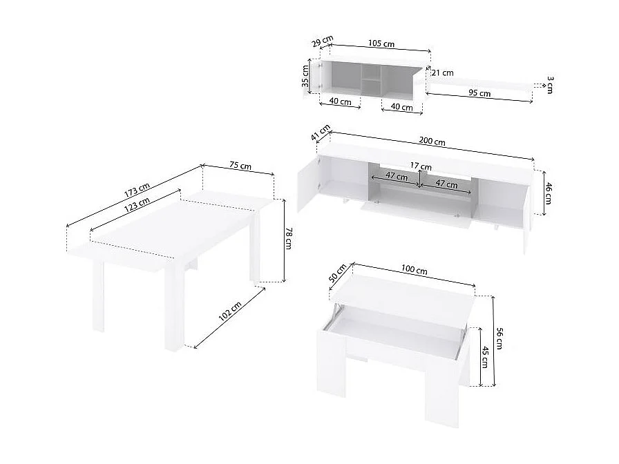 Pack salón con mesa de centro y mesa de comedor Kenzo Max V2B Blanco Brillo - Gris Antracita