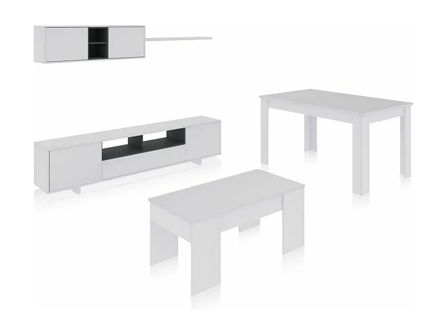 Pack salón con mesa de centro y mesa de comedor Kenzo Max V2B Blanco Brillo - Gris Antracita