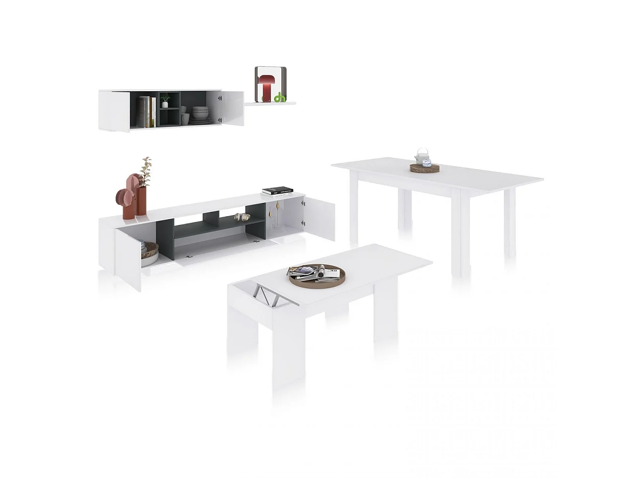 Pack salón con mesa de centro y mesa de comedor Kenzo Max V2B Blanco Brillo - Gris Antracita