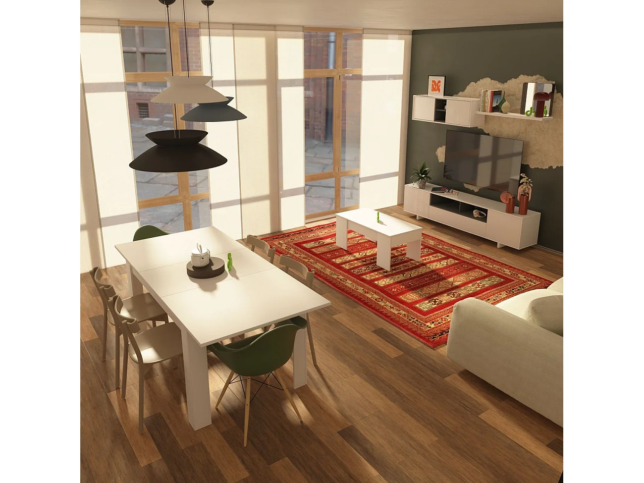 Pack salón con mesa de centro y mesa de comedor Kenzo Max V2B Blanco Brillo - Gris Antracita