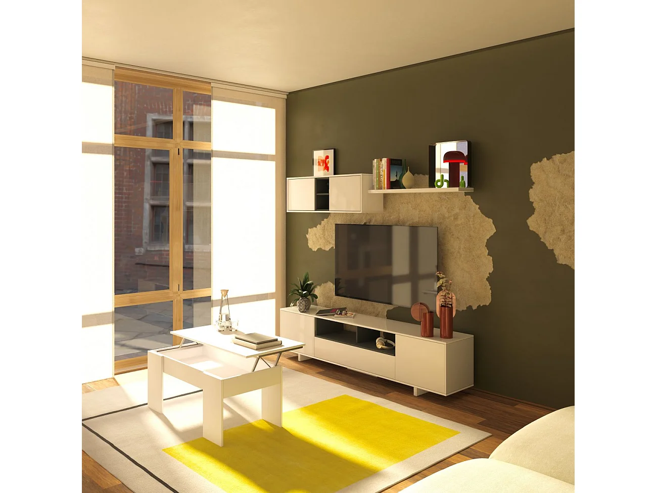 Pack salón con mesa de centro y mesa de comedor Kenzo Max V2B Blanco Brillo - Gris Antracita