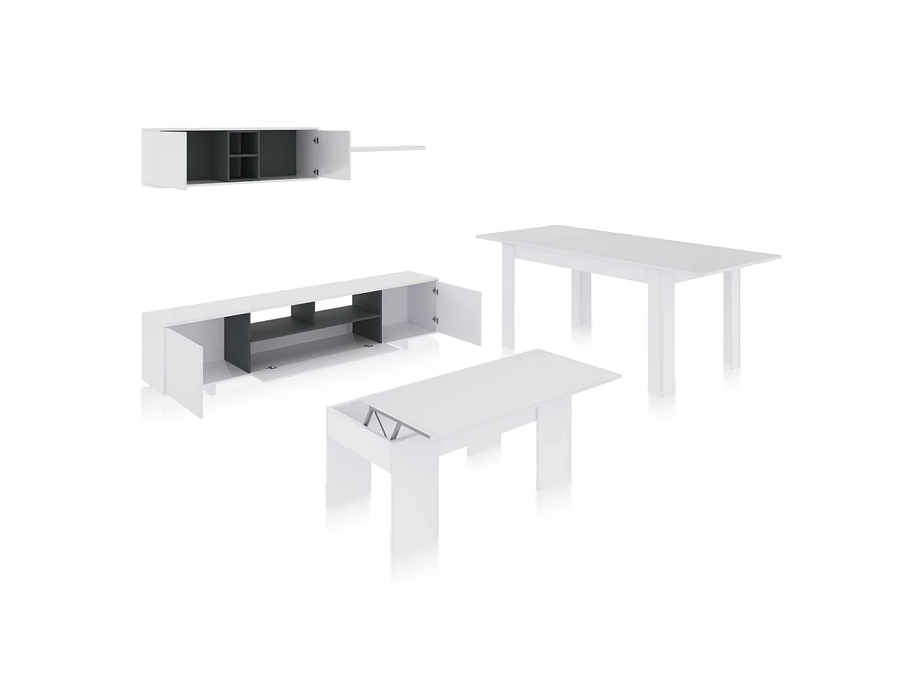 Pack salón con mesa de centro y mesa de comedor Kenzo Max V2B Blanco Brillo - Gris Antracita