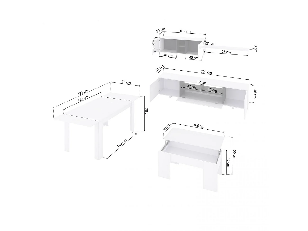 Pack salón con mesa de centro y mesa de comedor Kenzo Max V2B Blanco Brillo - Gris Antracita