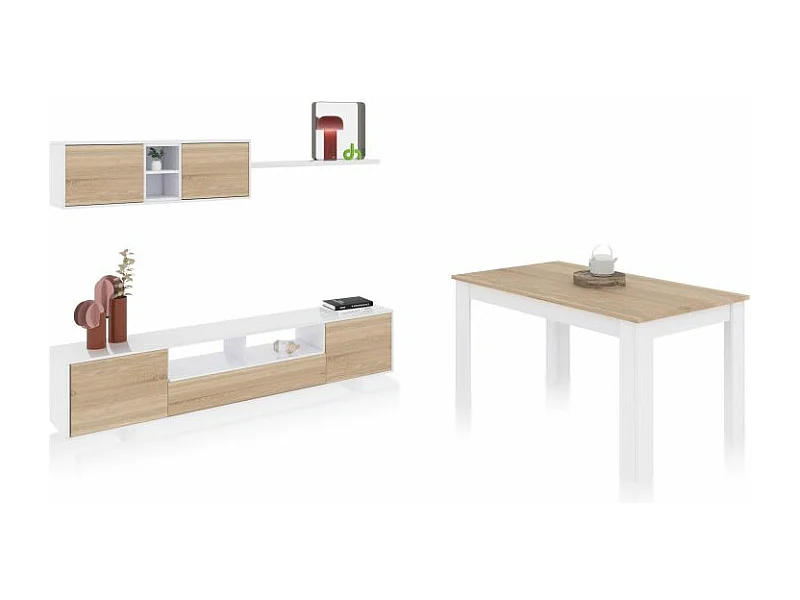 Pack salón con mesa de comedor Kenzo Plus VB Blanco Artik (Blanco Mate) - Roble Canadian
