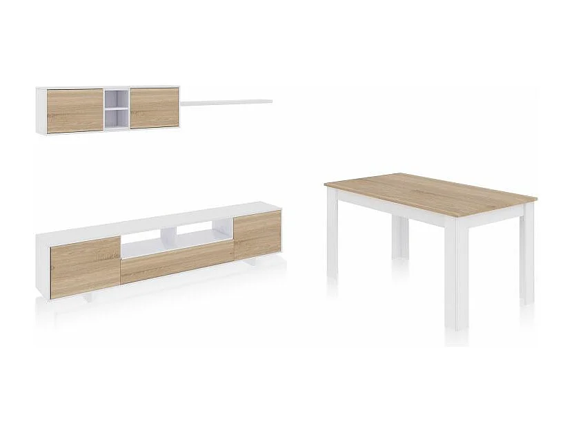 Pack salón con mesa de comedor Kenzo Plus VB Blanco Artik (Blanco Mate) - Roble Canadian