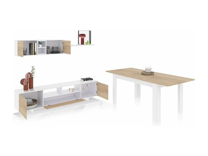 Pack salón con mesa de comedor Kenzo Plus VB Blanco Artik (Blanco Mate) - Roble Canadian