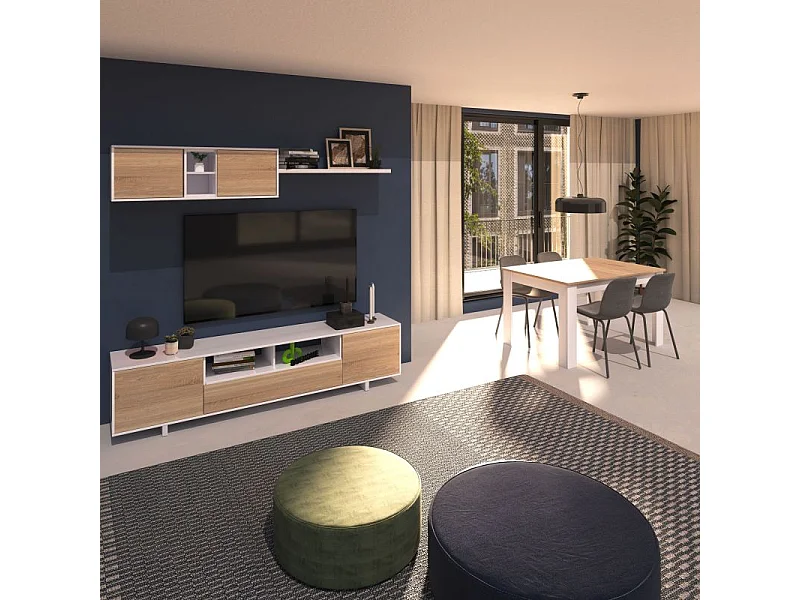 Pack salón con mesa de comedor Kenzo Plus VB Blanco Artik (Blanco Mate) - Roble Canadian