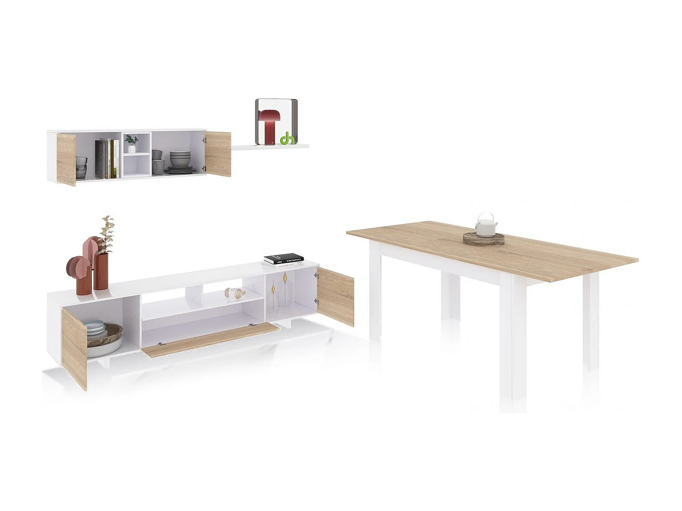 Pack salón con mesa de comedor Kenzo Plus VB Blanco Artik (Blanco Mate) - Roble Canadian