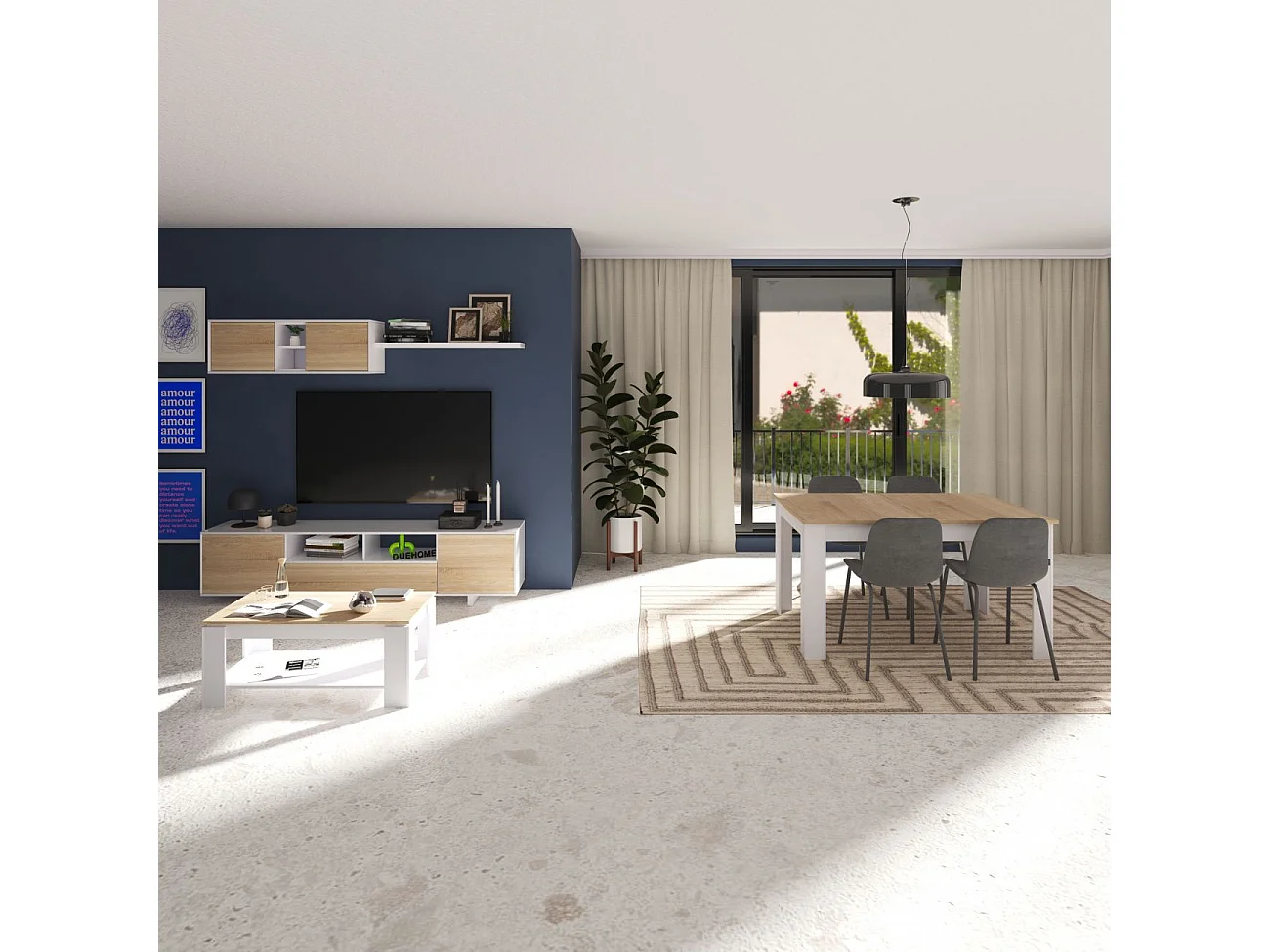 Pack salón con mesa de comedor Kenzo Plus VB Blanco Artik (Blanco Mate) - Roble Canadian