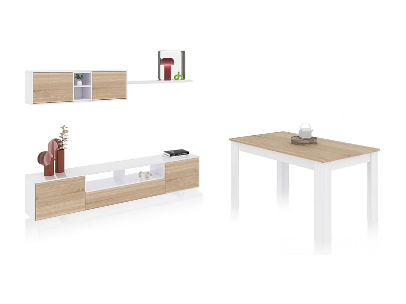 Pack salón con mesa de comedor Kenzo Plus VB Blanco Artik (Blanco Mate) - Roble Canadian