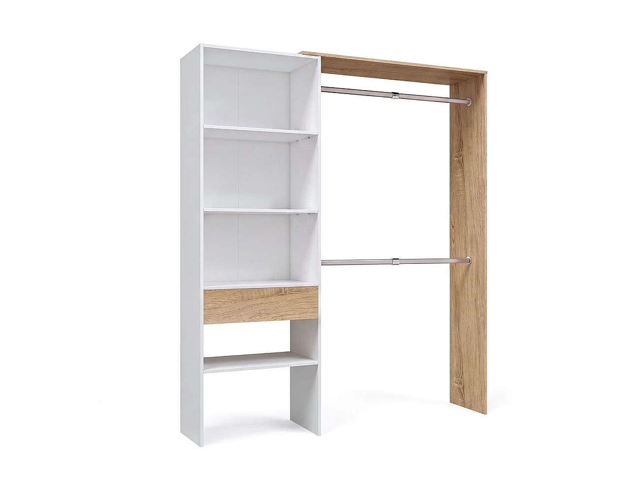 Roupeiro aberto com design funcional, 158 x 187 cm, Aura Blanco Artik (Blanco Mate) - Roble Canadian