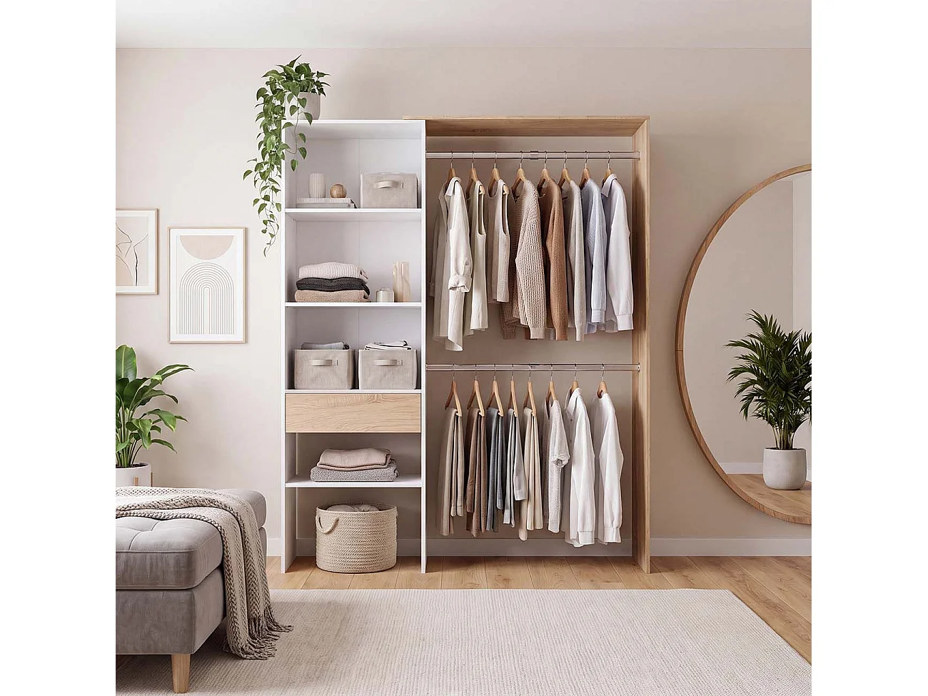 Roupeiro aberto com design funcional, 158 x 187 cm, Aura Blanco Artik (Blanco Mate) - Roble Canadian
