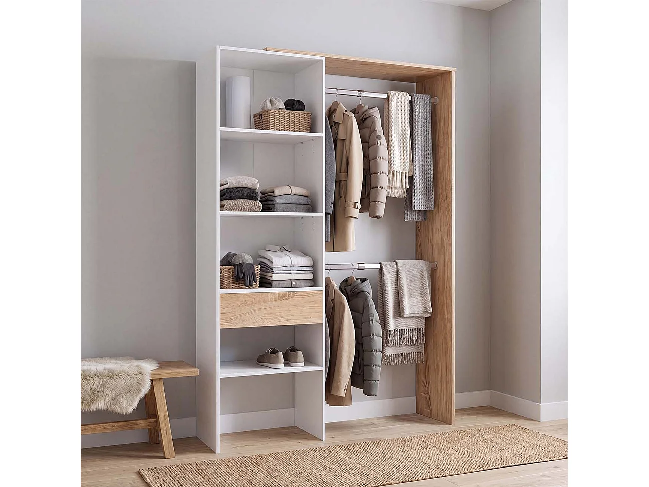 Roupeiro aberto com design funcional, 158 x 187 cm, Aura Blanco Artik (Blanco Mate) - Roble Canadian