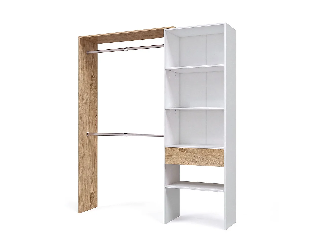 Roupeiro aberto com design funcional, 158 x 187 cm, Aura Blanco Artik (Blanco Mate) - Roble Canadian