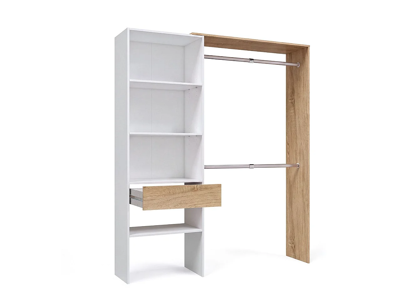 Roupeiro aberto com design funcional, 158 x 187 cm, Aura Blanco Artik (Blanco Mate) - Roble Canadian