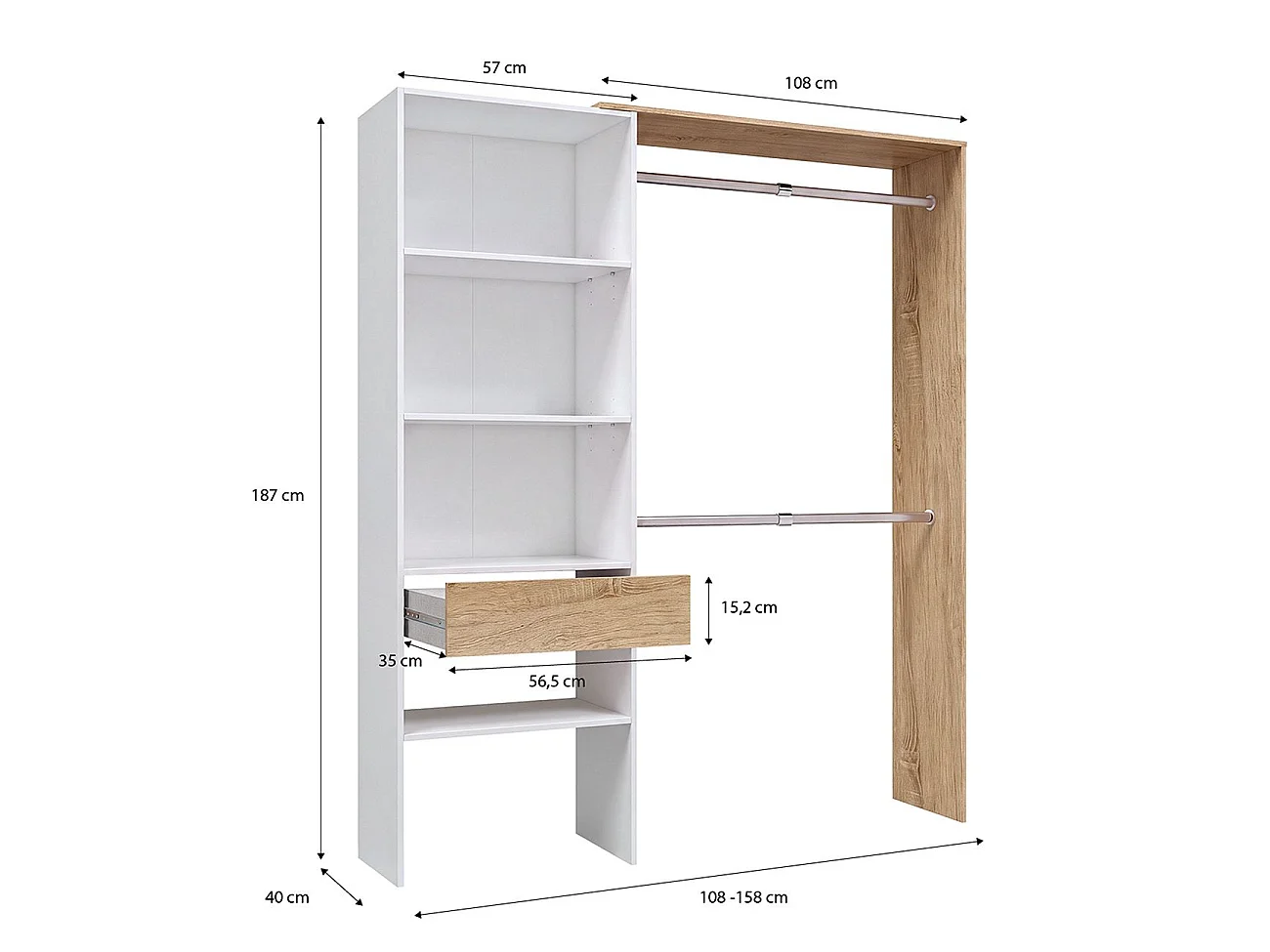 Roupeiro aberto com design funcional, 158 x 187 cm, Aura Blanco Artik (Blanco Mate) - Roble Canadian