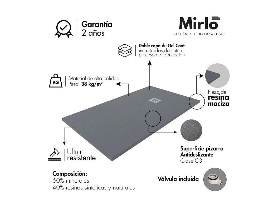 Plato de ducha resina LUX NEGRO  90x130cm rejilla color