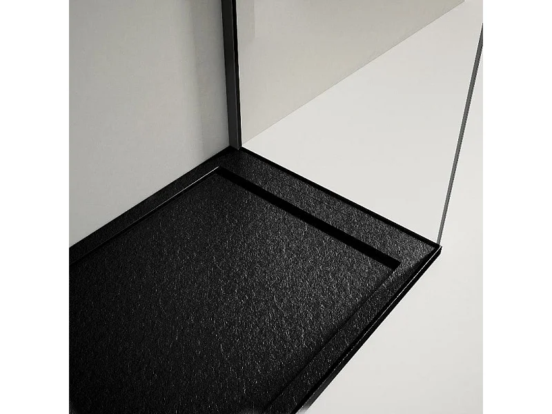 Mineralguss-Duschwanne extra flach LUX Schieferoptik schwarz 70x110cm Edelstahl in gleicher Farbe Auslaufschutz in Farbe