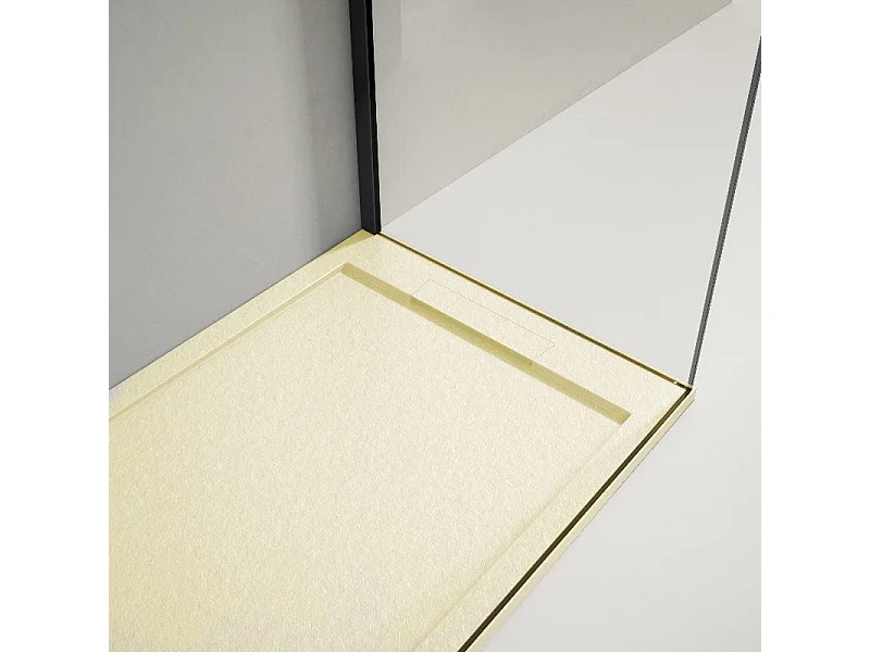 Mineralguss-Duschwanne extra flach LUX Schieferoptik beige 90x160cm Edelstahl in gleicher Farbe Auslaufschutz in Farbe