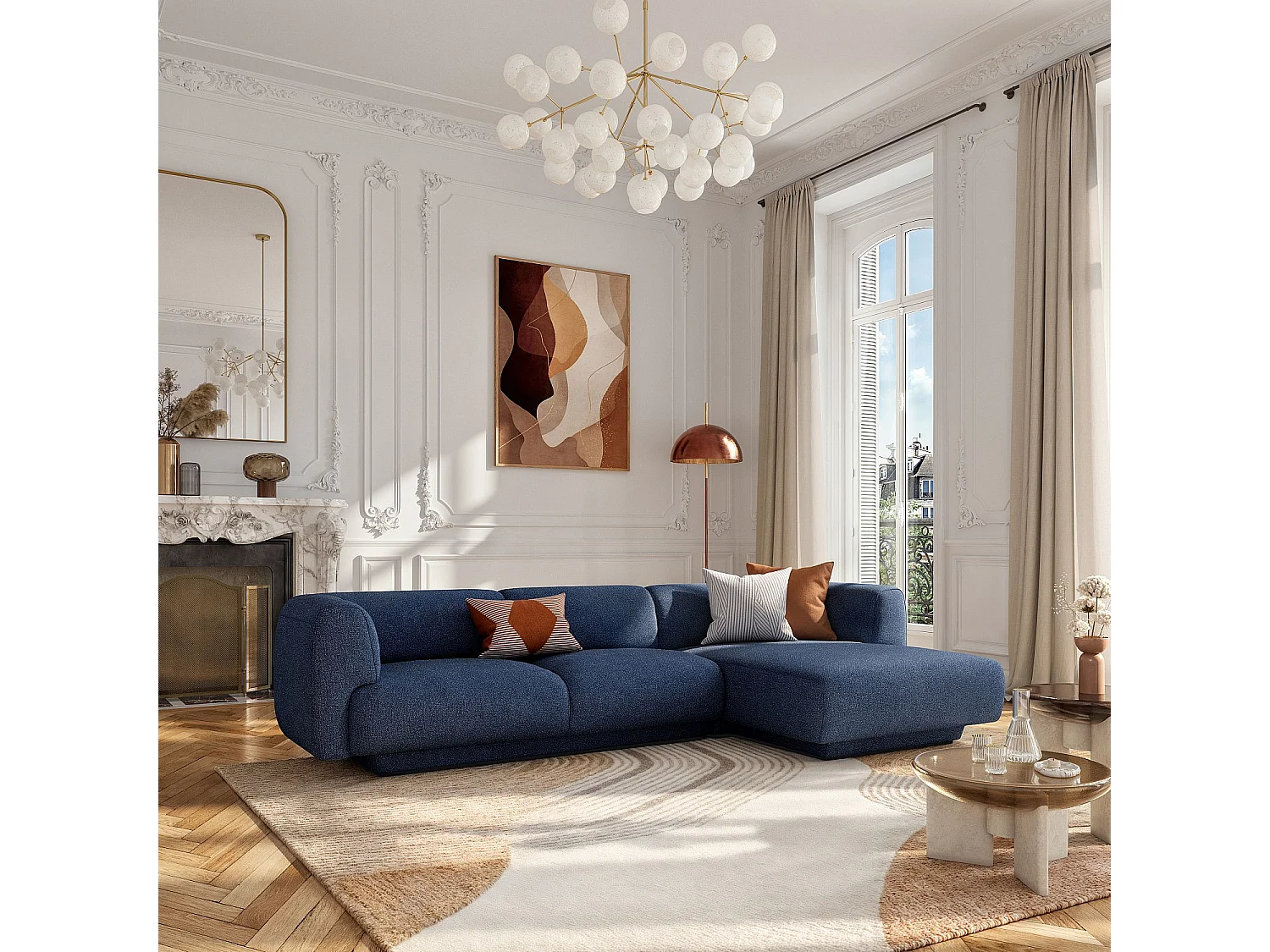 Grand canapé d'angle droit en tissu texturé - Bleu marine - Design by Federica Francini