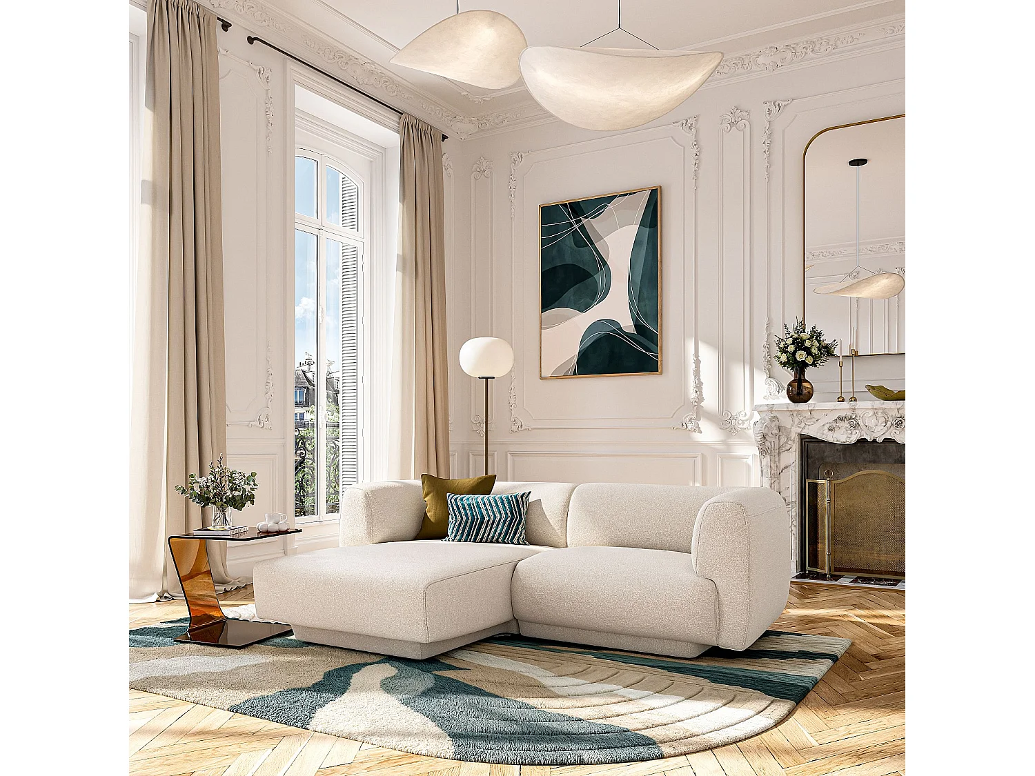 Canapé d'angle gauche en tissu texturé - Beige vanille - Design by Federica Francini