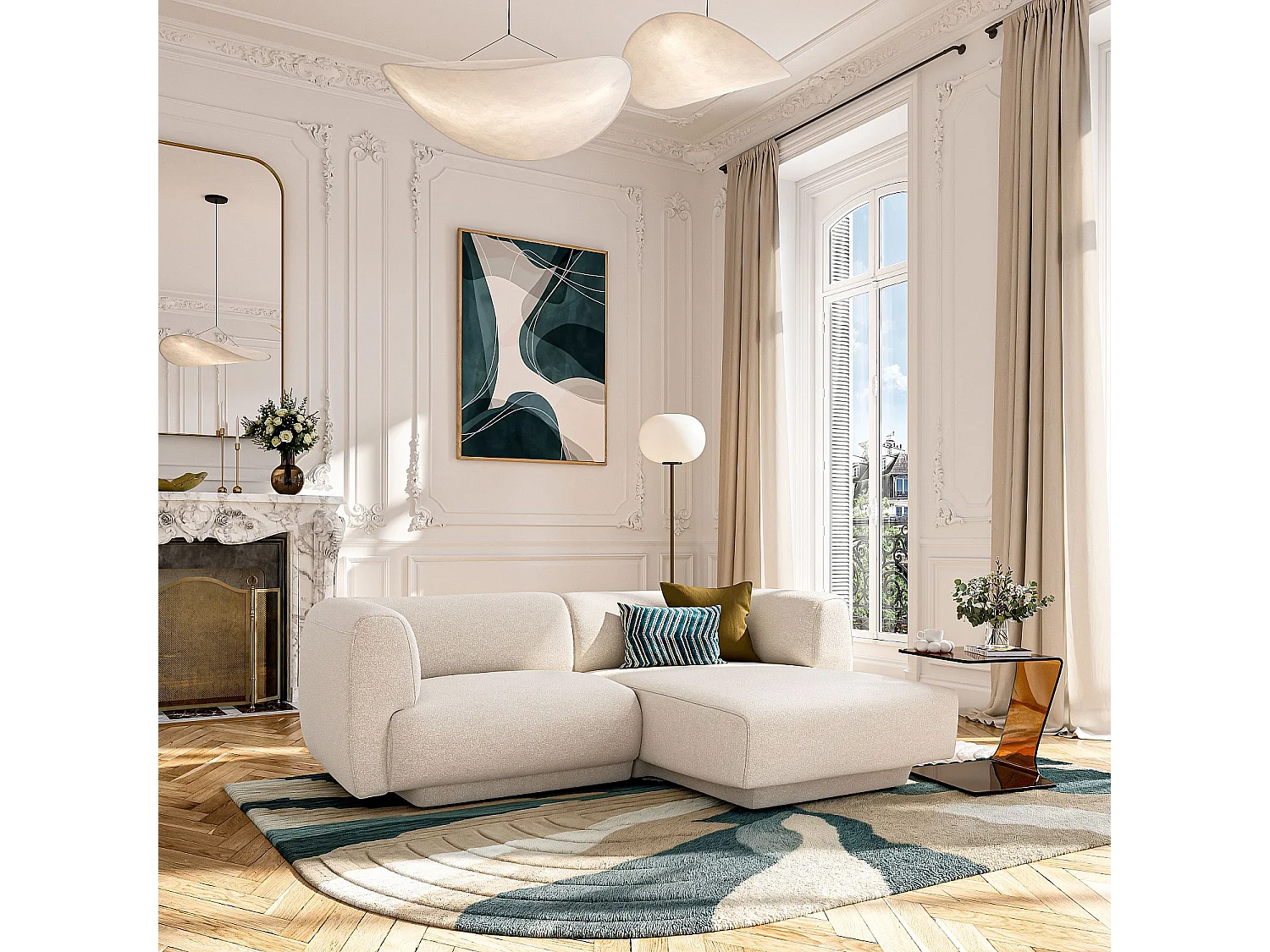 Canapé d'angle droit en tissu texturé - Beige vanille - Design by Federica Francini