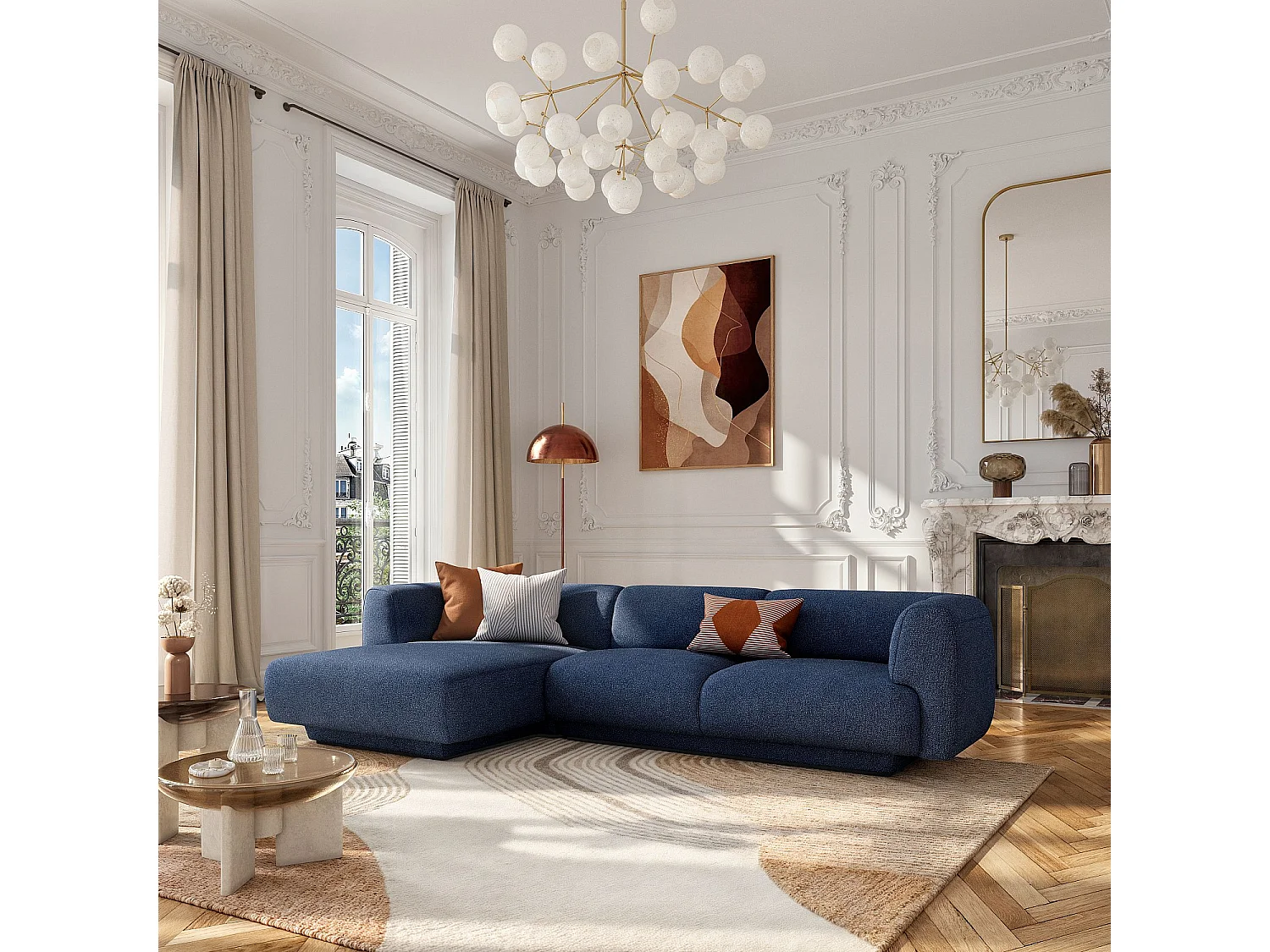 Habitat - Grand canapé d'angle gauche en tissu texturé - Bleu marine - Design by Federica Francini - Austin