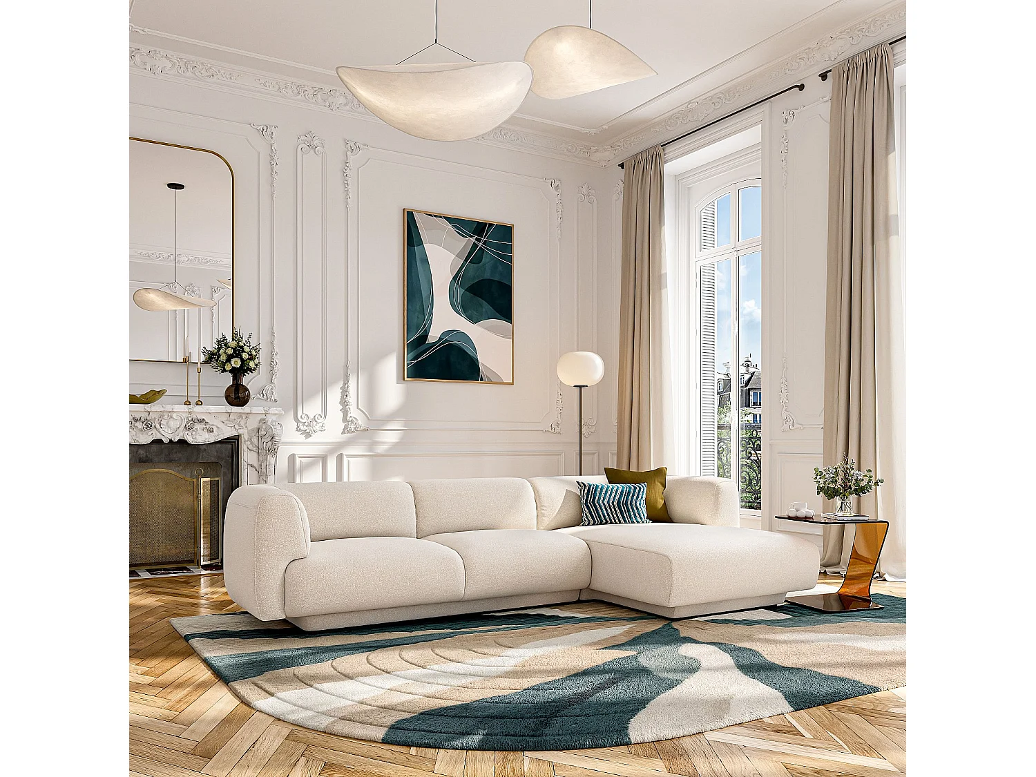 Grand canapé d'angle droit en tissu texturé - Beige vanille - Design by Federica Francini