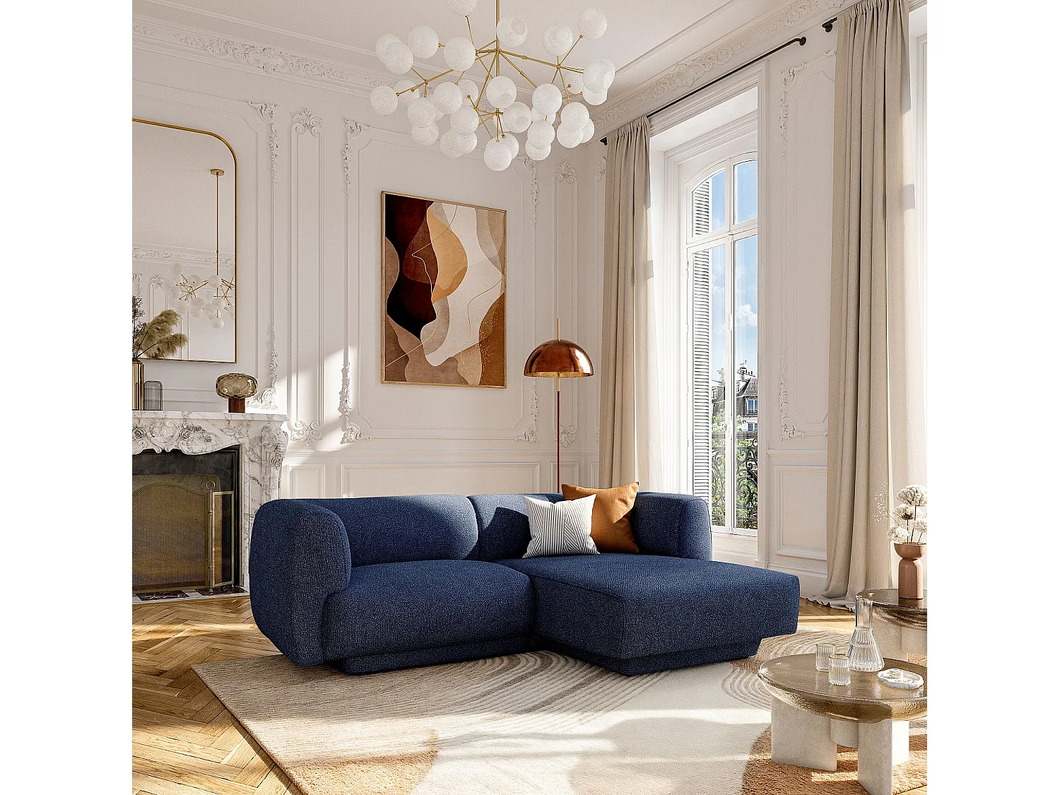 Canapé d'angle droit en tissu texturé - Bleu marine - Design by Federica Francini