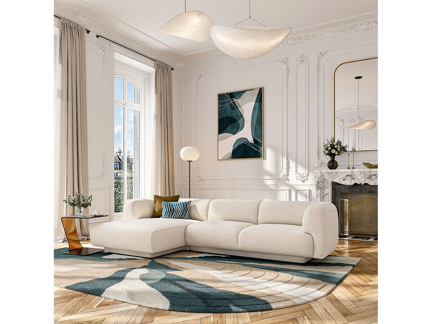 Grand canapé d'angle gauche en tissu texturé - Beige vanille - Design by Federica Francini