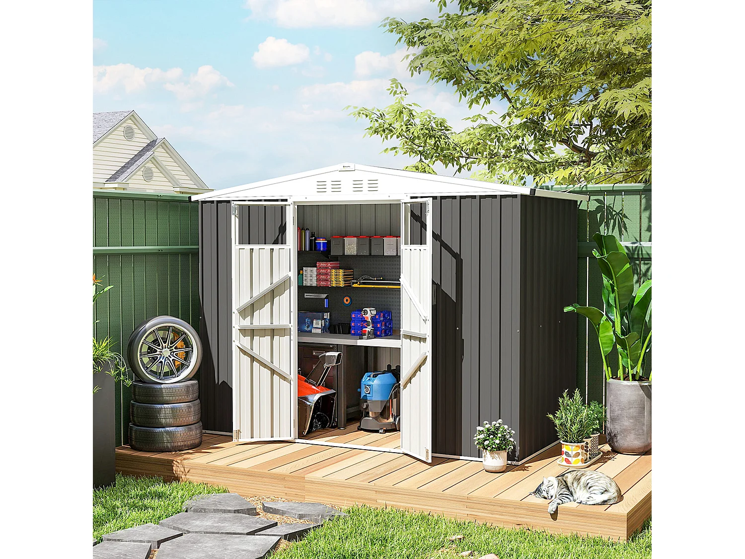 Abri de jardin surface 2,7 m² - 2 portes verrrouillables avec fenêtres - évents aération - tôle d'acier gris blanc