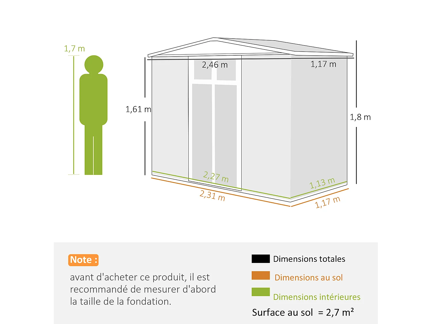 Abri de jardin surface 2,7 m² - 2 portes verrrouillables avec fenêtres - évents aération - tôle d'acier gris blanc