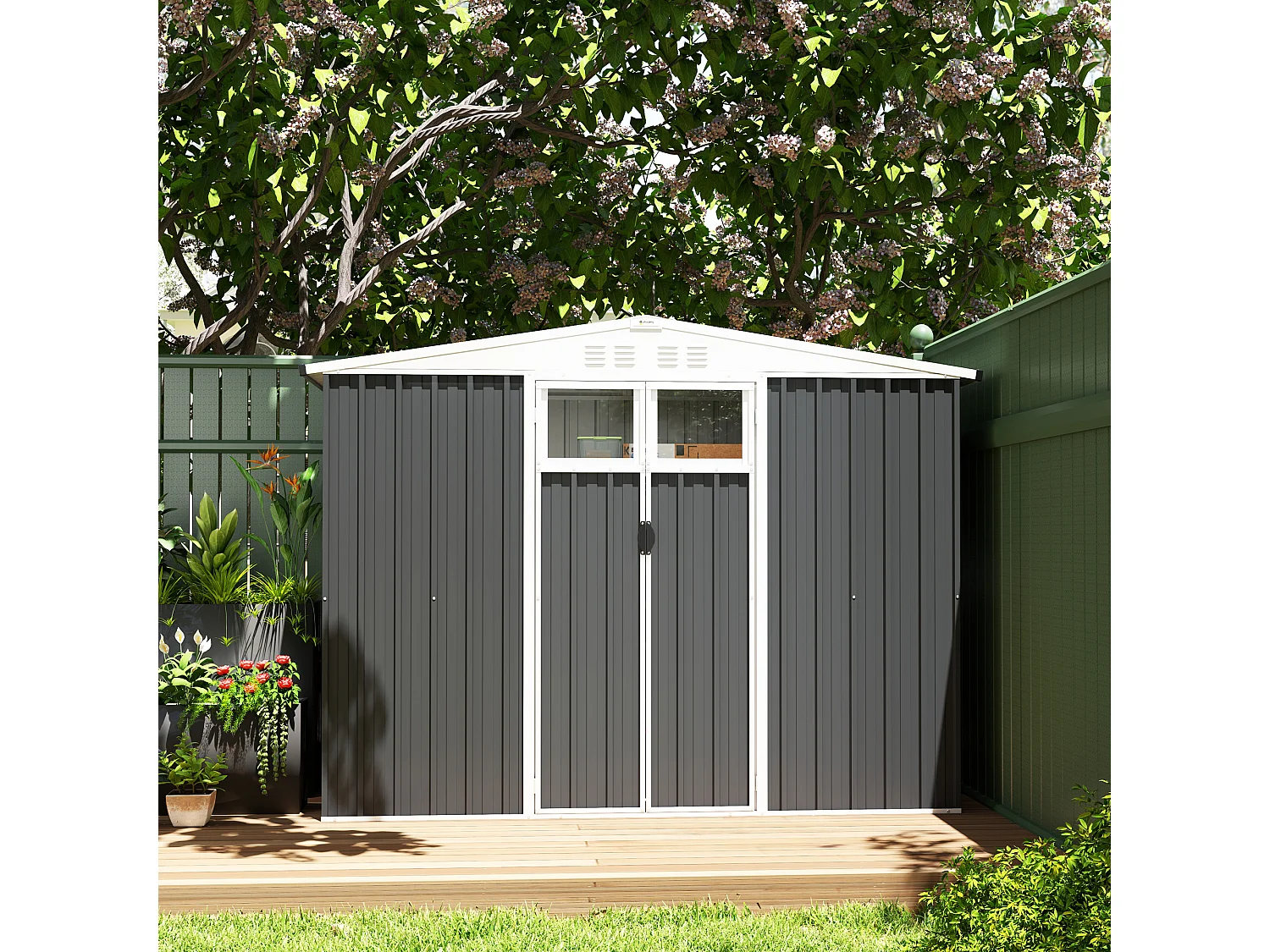 Abri de jardin surface 2,7 m² - 2 portes verrrouillables avec fenêtres - évents aération - tôle d'acier gris blanc