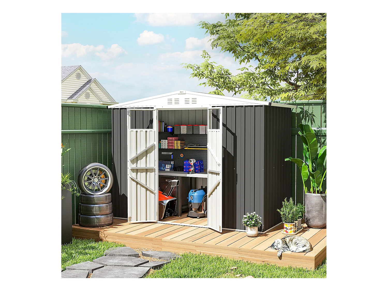 Abri de jardin surface 2,7 m² - 2 portes verrrouillables avec fenêtres - évents aération - tôle d'acier gris blanc