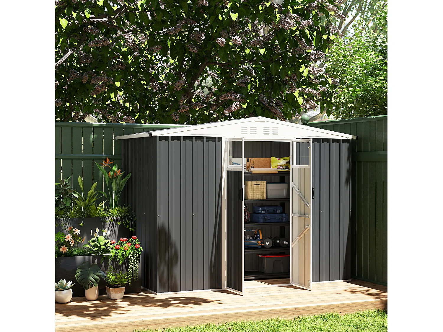 Abri de jardin surface 2,7 m² - 2 portes verrrouillables avec fenêtres - évents aération - tôle d'acier gris blanc