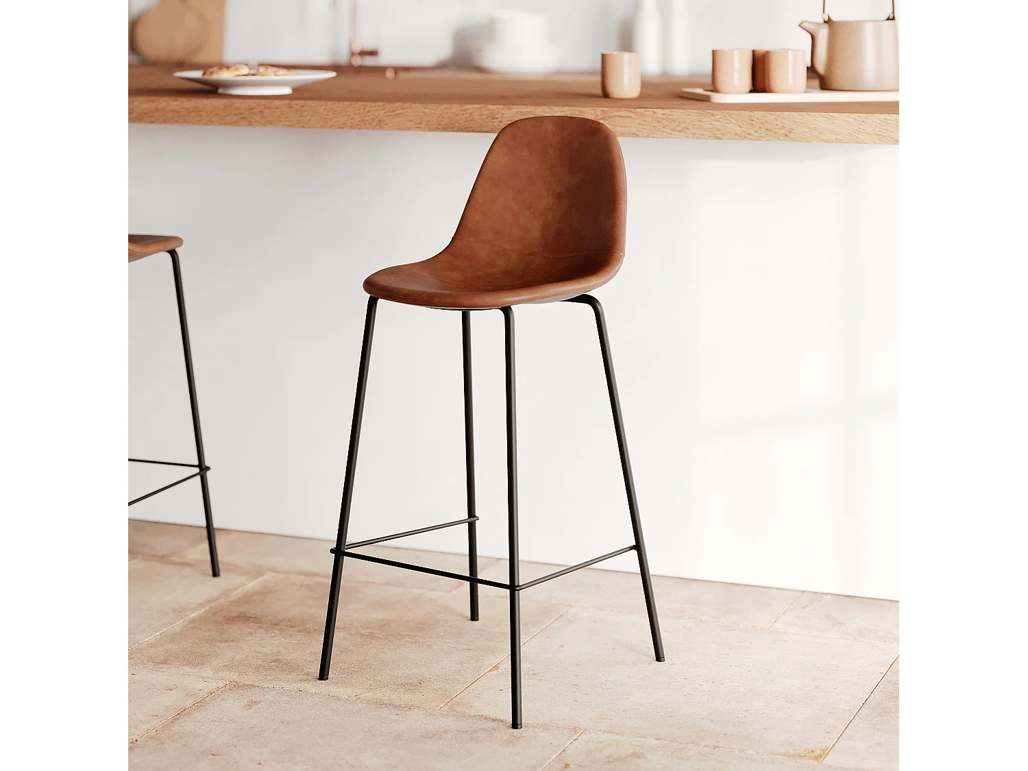 Chaise pour îlot central en cuir synthétique camel 65 cm - Henrik